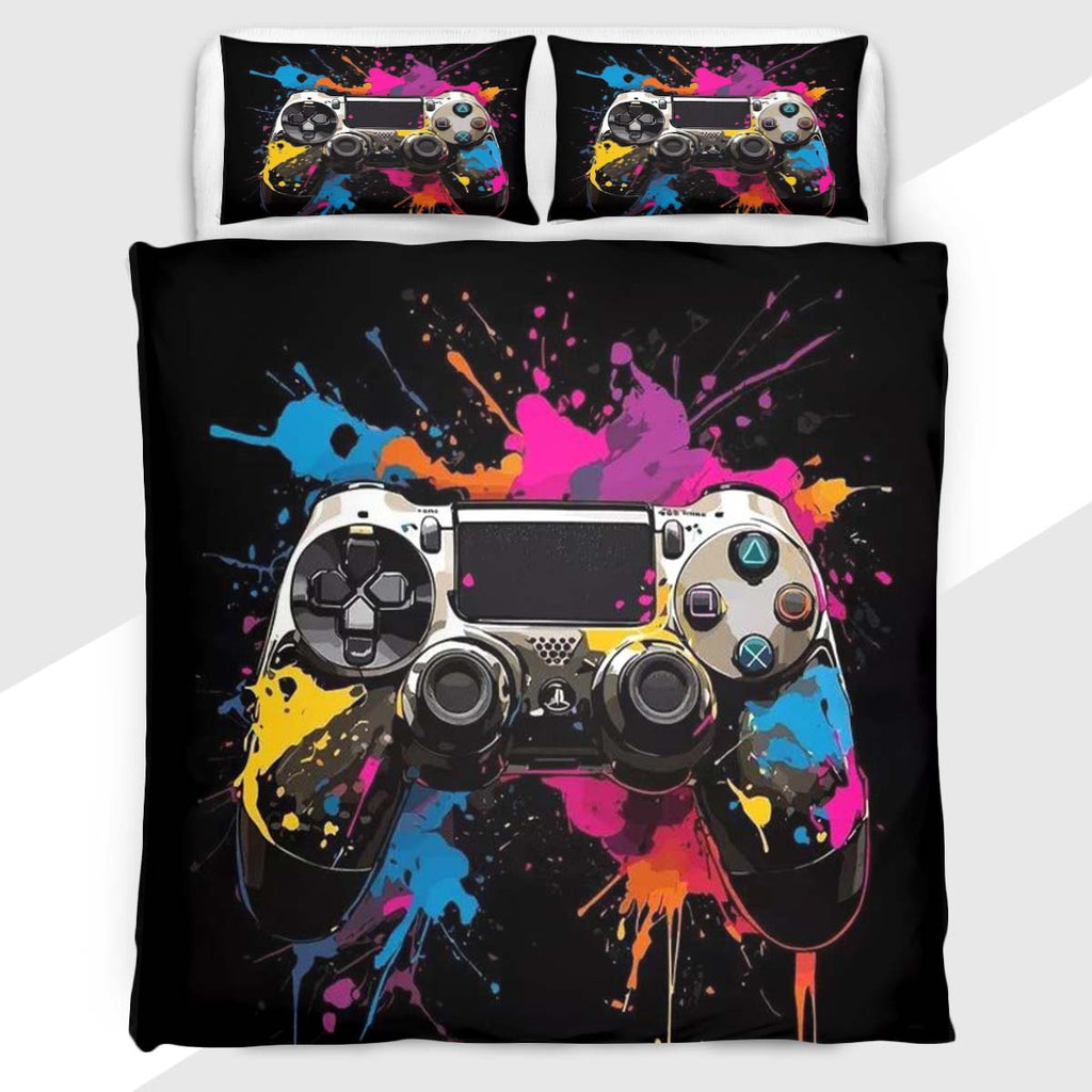 Gamer Duvet Cover Set with Multicolour Paint Splatter Controller