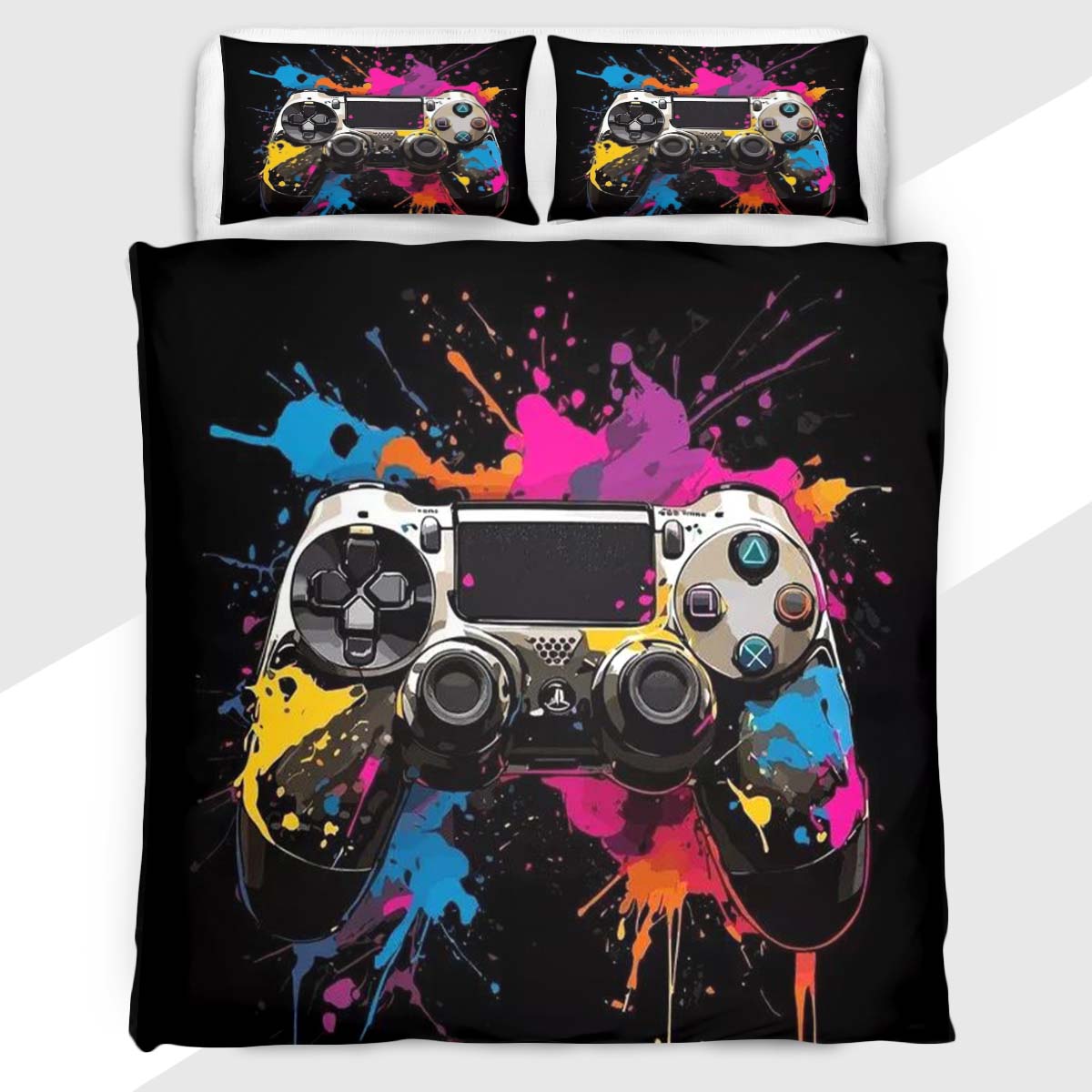 Gamer Duvet Cover Set with Multicolour Paint Splatter Controller