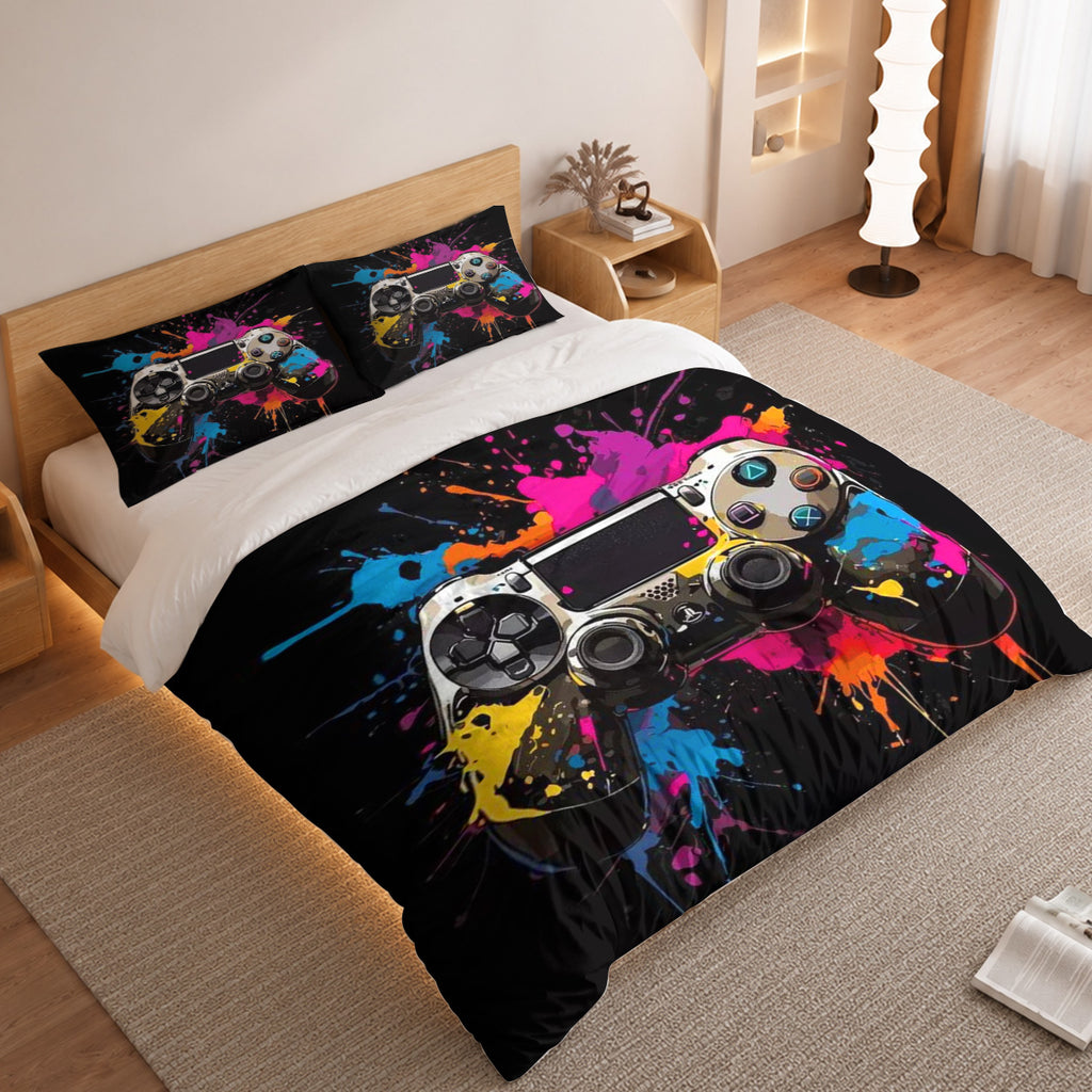 Gamer Duvet Cover Set with Multicolour Paint Splatter Controller 2