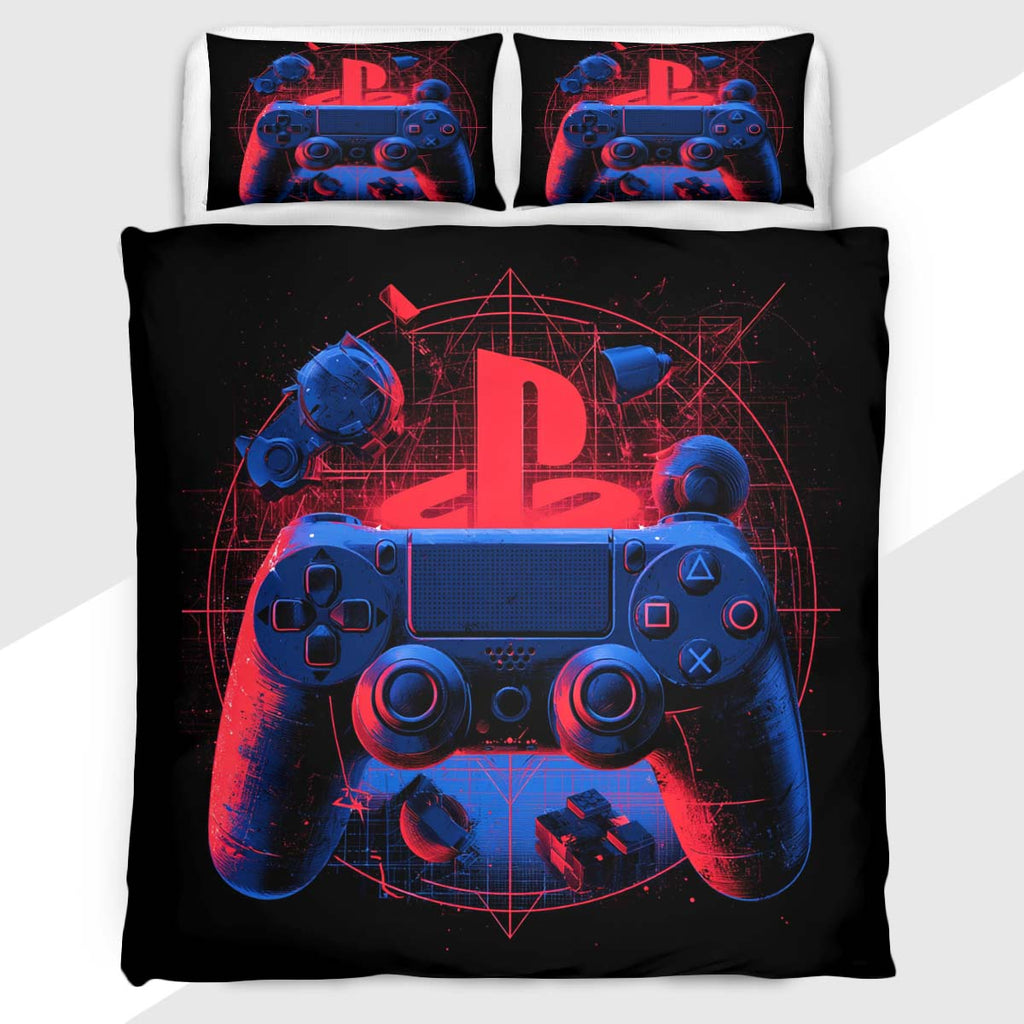 Gamer Duvet Cover Set with Red and Blue Neon Controller