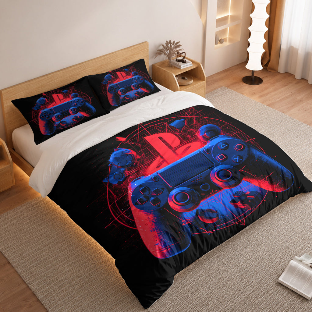 Gamer Duvet Cover Set with Red and Blue Neon Controller 2