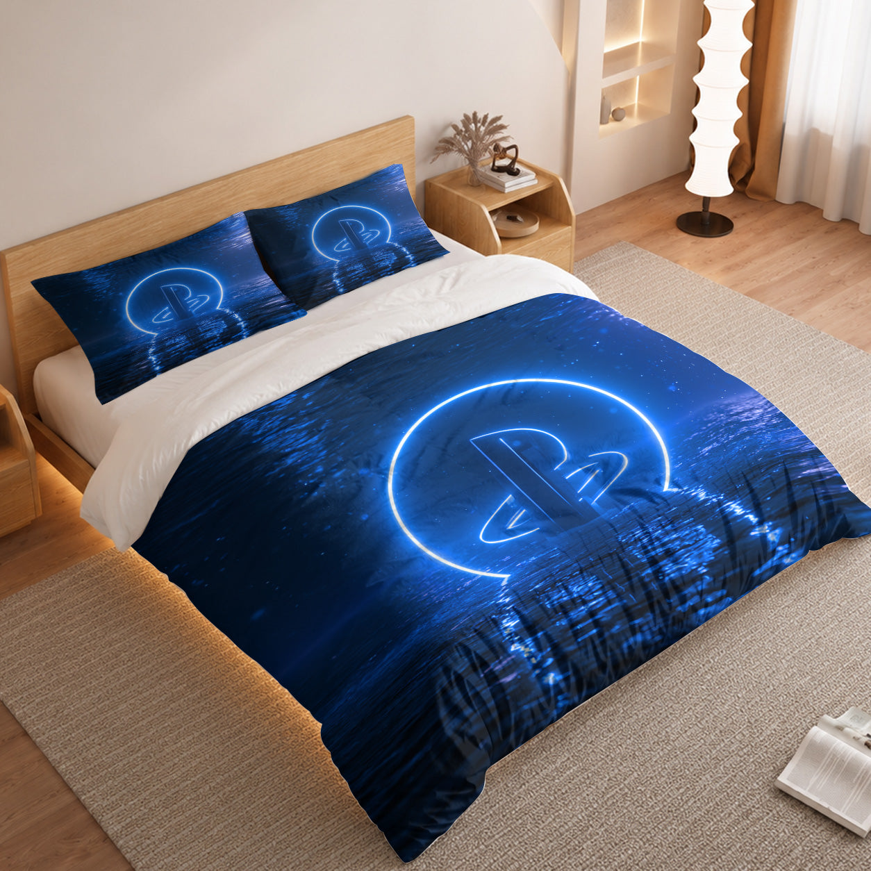 Gamer Duvet Cover Set with PlayStation Blue Neon Light 2