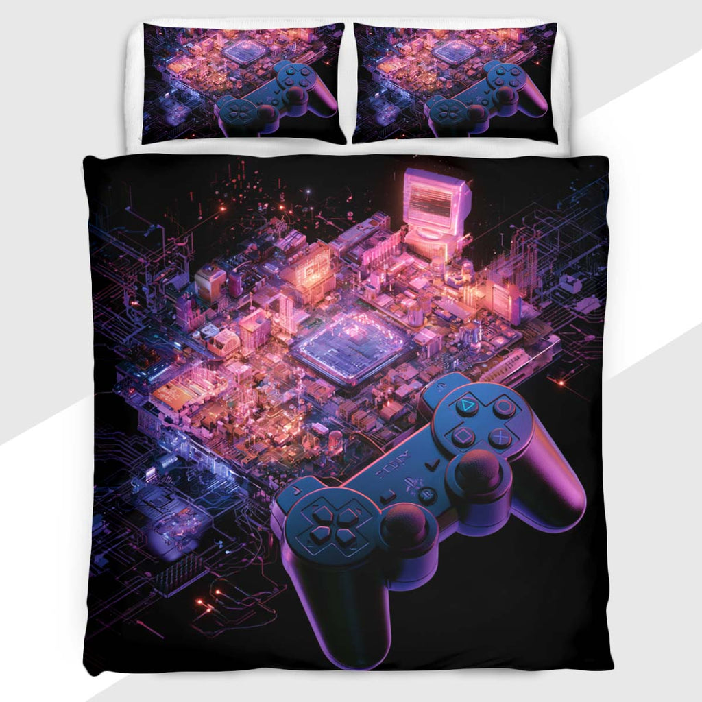 Gamer Duvet Cover Set with Cyberpunk Neon Controller