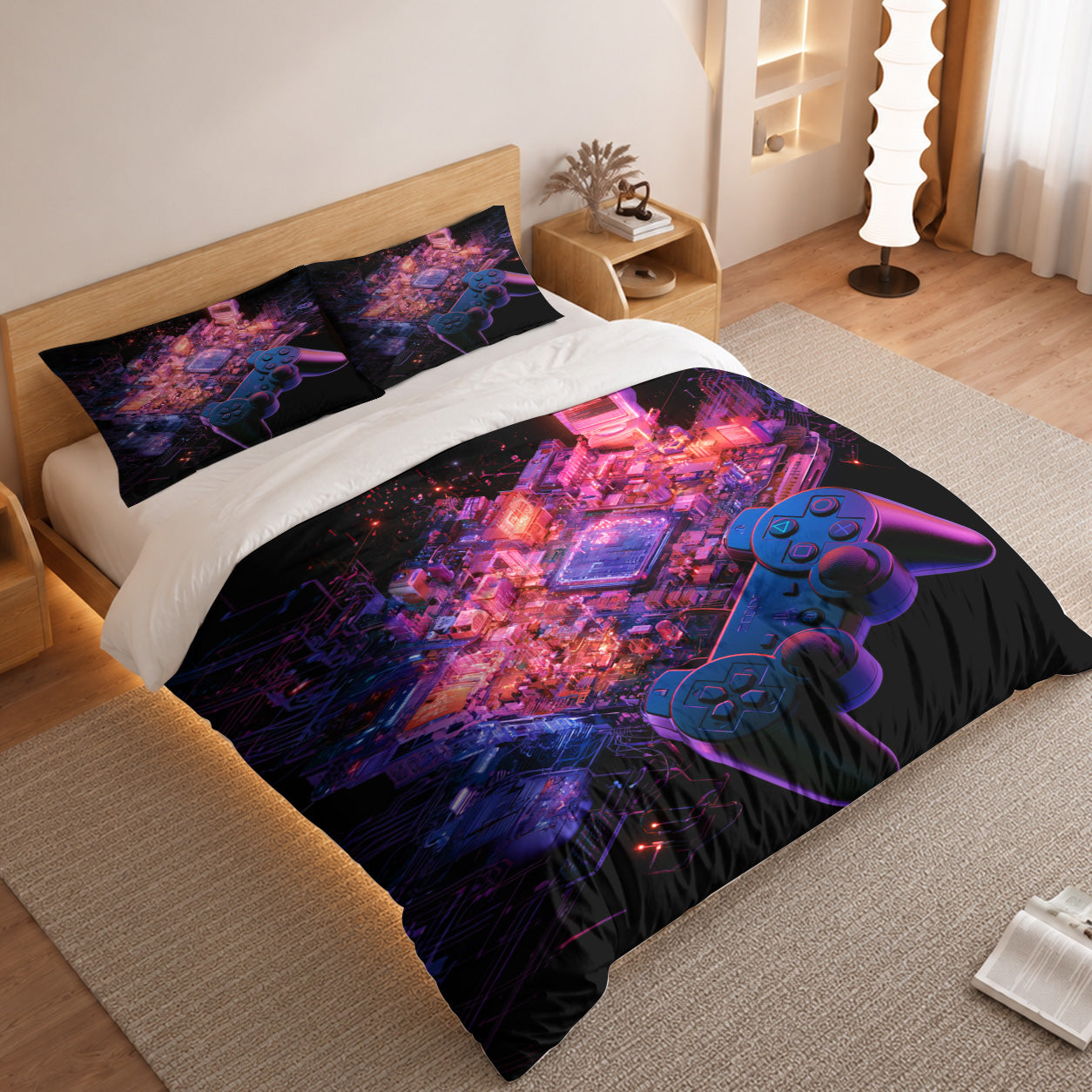Gamer Duvet Cover Set with Cyberpunk Neon Controller 2